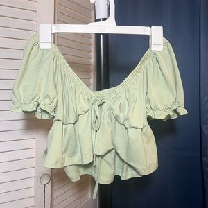 Sage Green Dainty Princess Sleeve Tie Front Top, Size M